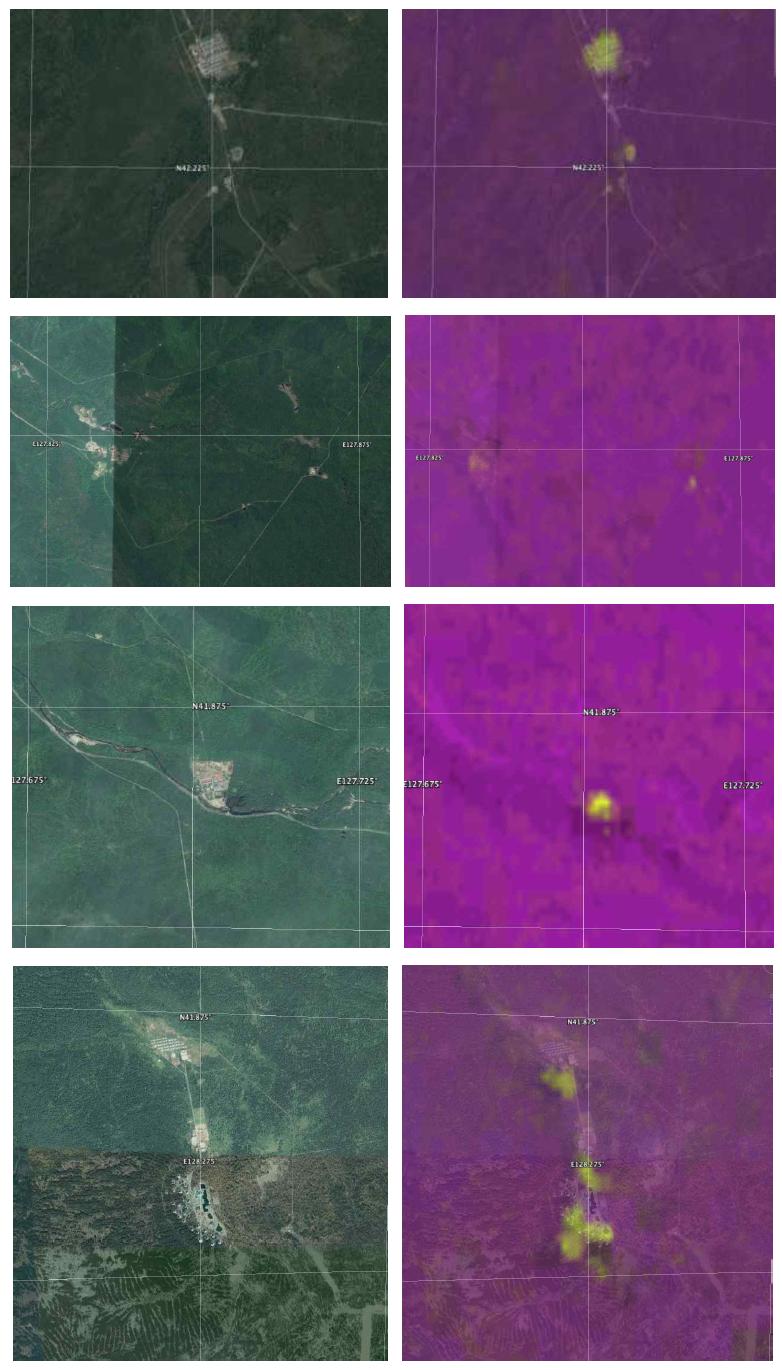 높은 긴밀도를 보이는 인공구조물 주변 확대 영상: (좌) Google Earth영상, (우) ALOS-1 L-band 긴밀도 평균영상