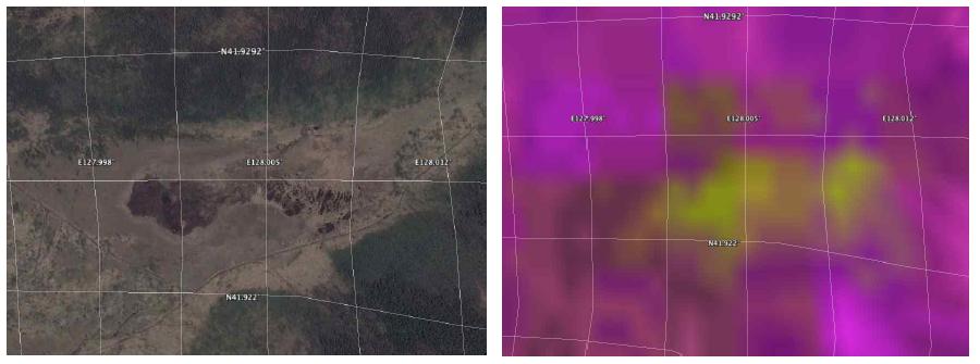 높은 긴밀도를 보이는 암반노출 지역 확대 영상: (좌) Google Earth영상, (우) LOS-1 L-band 긴밀도 평균영상