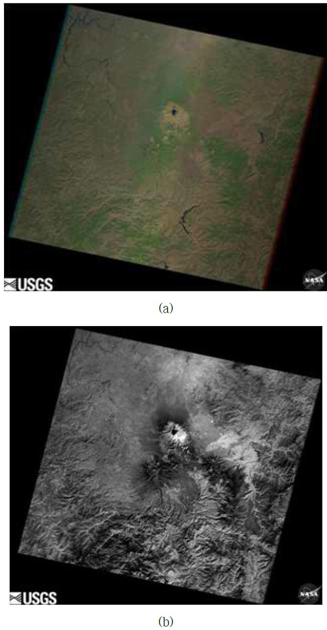 Landsat 7 위성영상 (a) 칼라영상 (해상도 30m) (b) 흑백영상 (해상도 15m)