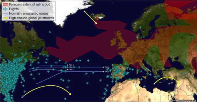 2010년 서유럽의 항공대란을 초래한 아이슬랜드 Eyjafjallajokull 화산분화(적색영역: 당시 대기권 화산재 분포)