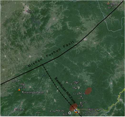 2014년 백두산 암석연구시료 채취 site(본문 참조).