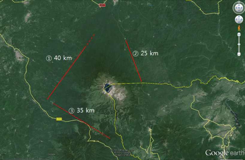 백두산 천지 주변으로 설정한 3 측선 분포