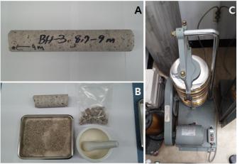 실험에 사용한 분쇄화강암의 시료 준비 과 정.(A) 화강암 시추 코아 시료. (B)시료 분쇄. (C)분 쇄 시료의 체질.