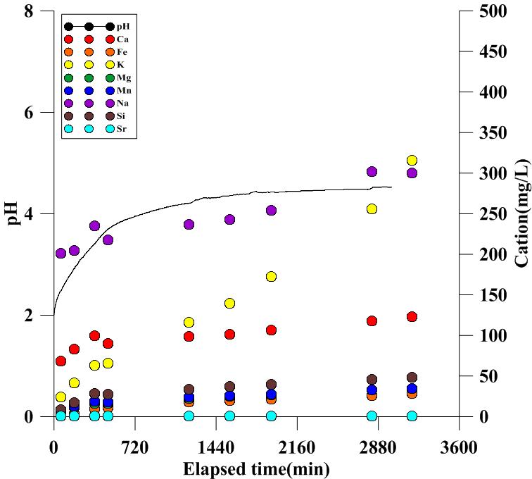 분쇄 변성암과 묽은 황산과의 반응에 의한 시간에 따른 pH 및 양이온 농도 변화.