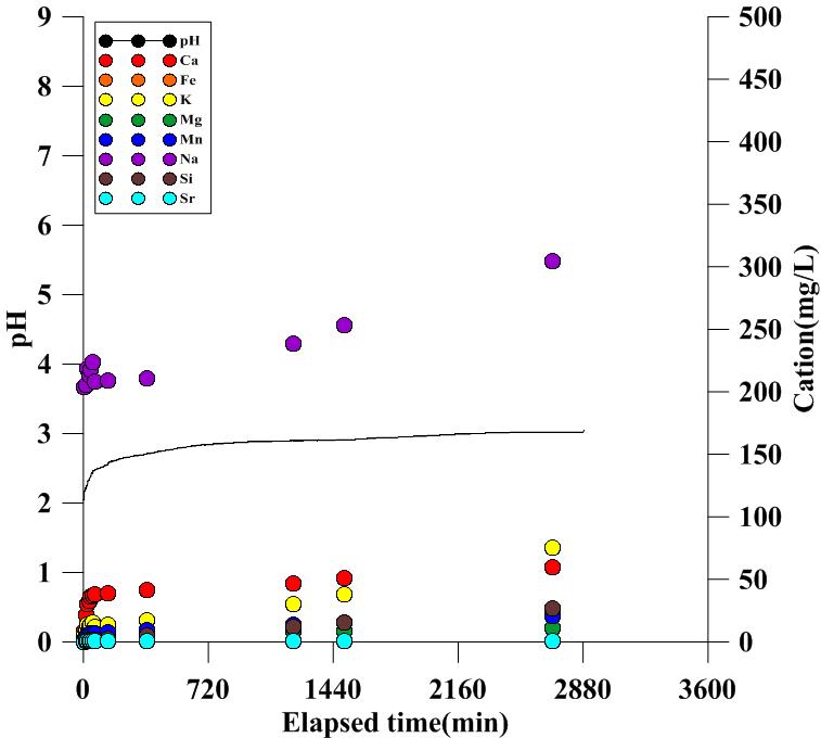 대조군 화강암 기원 토양과 묽은 황산의 반응에 의한 시간에 따른 pH 및 양이온 농도 변화.