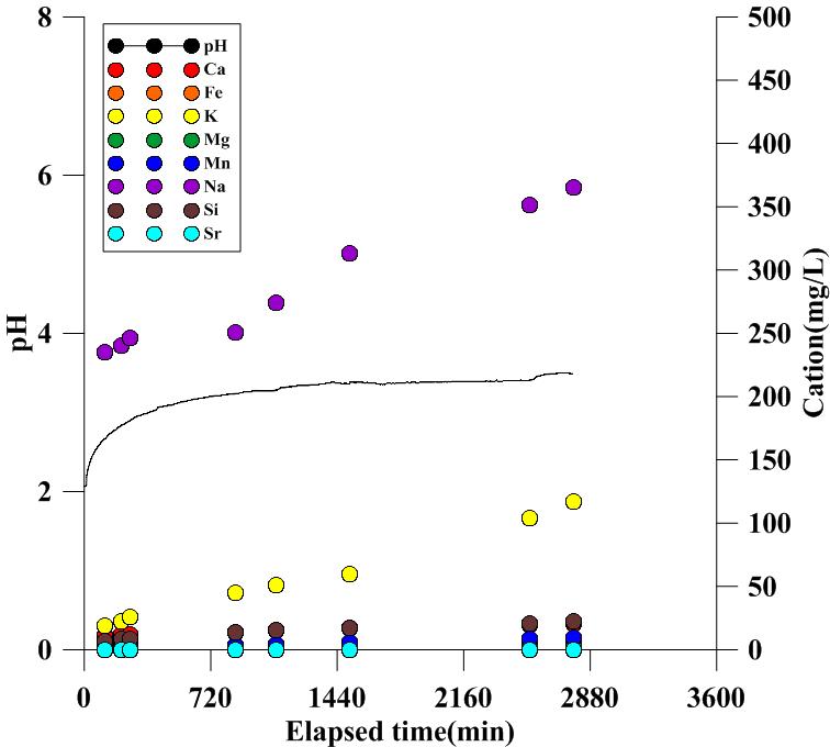 변성암 기원 토양과 묽은 황산의 반응에 의한 시간에 따른 pH 및 양이온 농도 변화.