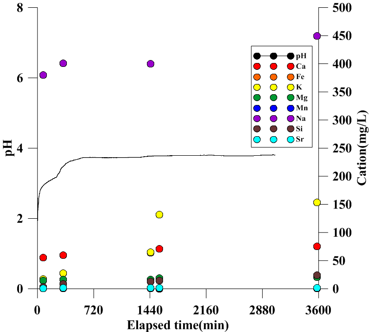 몬모릴로나이트와 묽은 황산의 반응에 의한 시간에 따른 pH 및 양이온 농도 변화.
