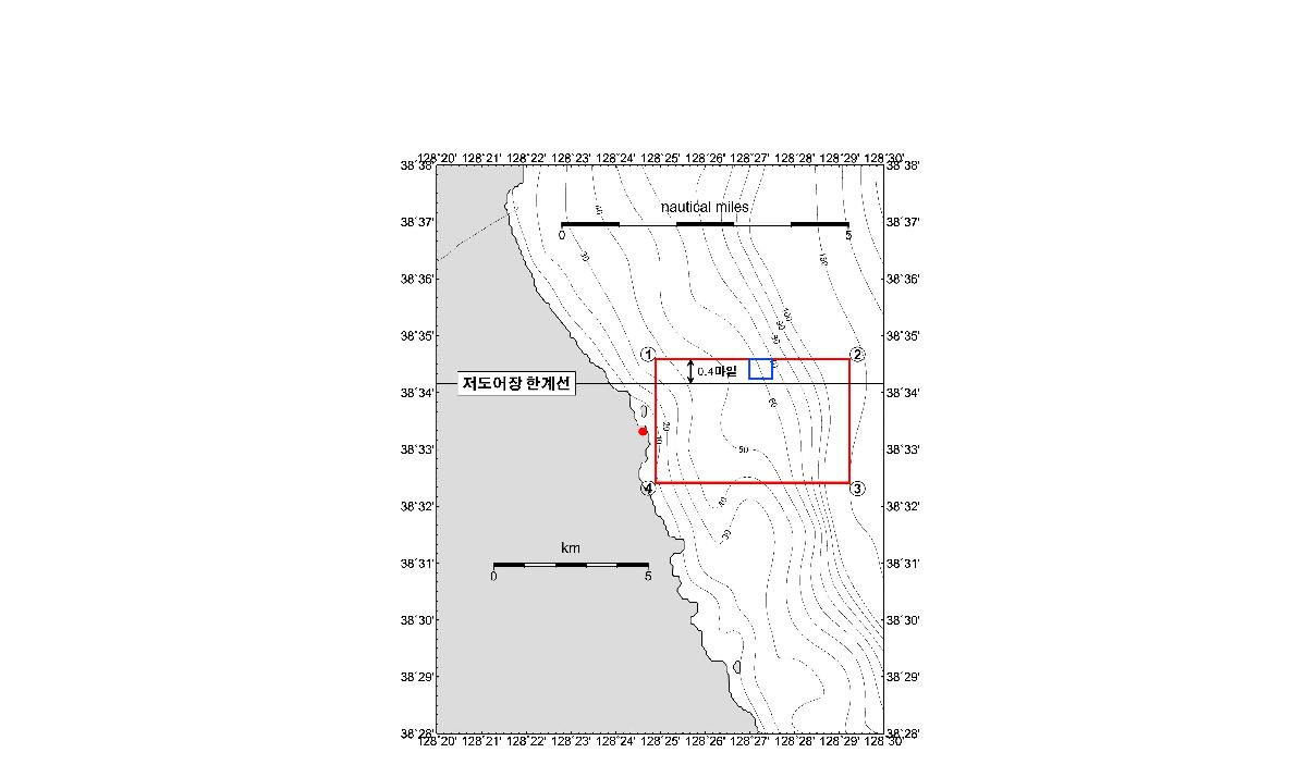 정밀해저지형조사 조사해역. 다음의 좌표 ①-②-③-④를 연결한 해역 내부(① 38°34′35.000″,
