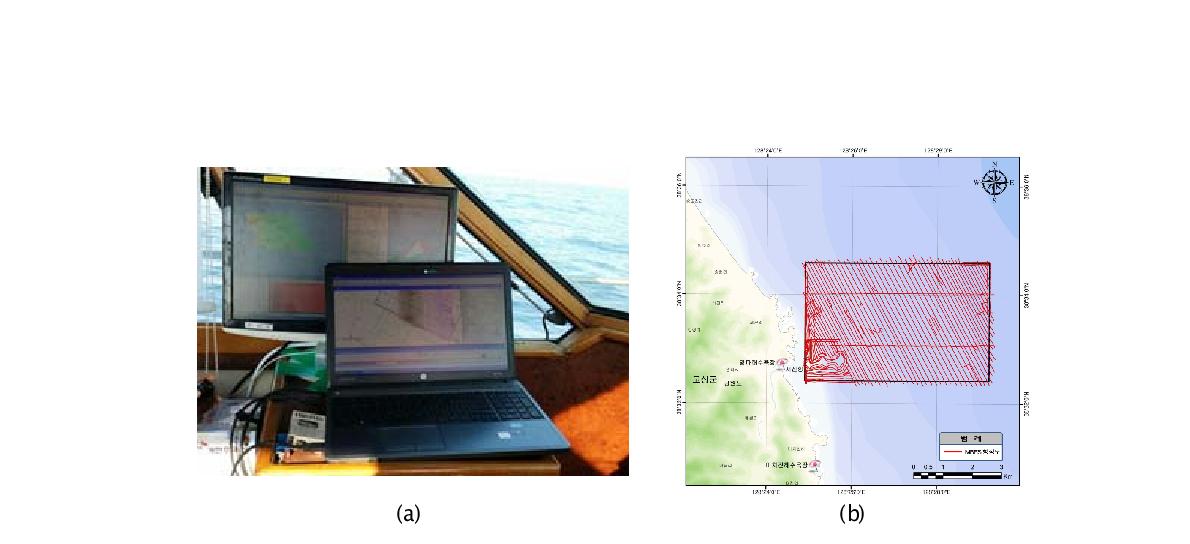 다중빔 음향측심 현장조사 사진, (b) 조사측선