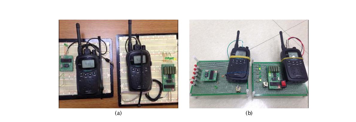생활무전기를 이용한 원격 전원 제어 장치 시험 모듈, (a) 실내 실험보드, (b) 현장 실험용 모듈