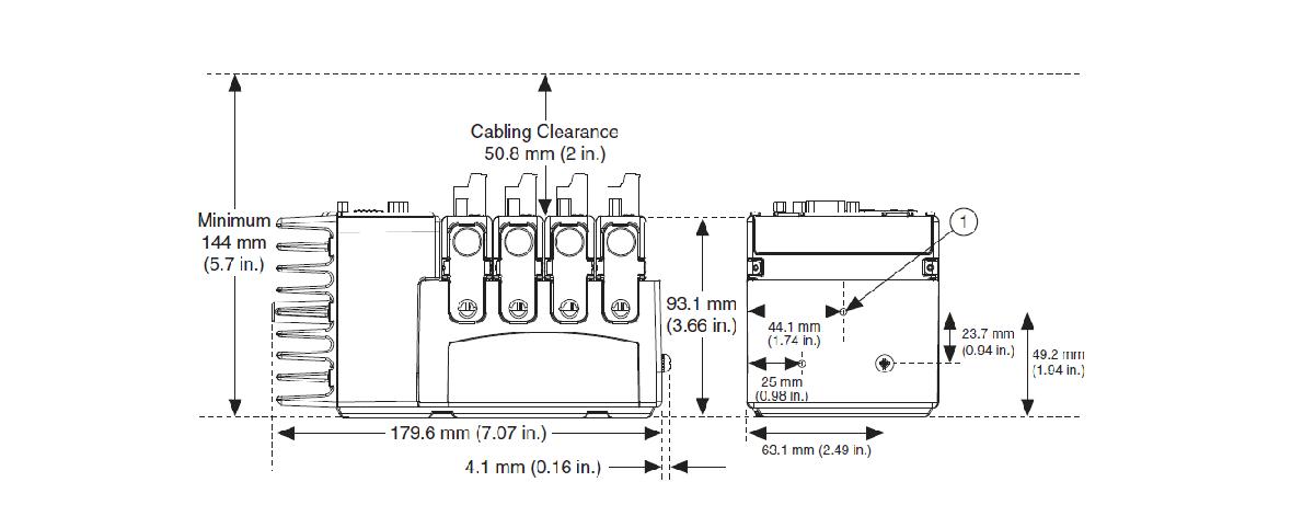 Dimensions of the chassis NI cRIO-9113 with the controller and I/O modules installed (bottom and side view, ①: M4 thread)