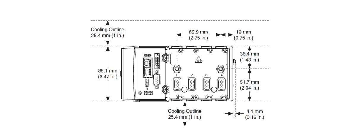 Dimensions of the chassis NI cRIO-9113 with the controller installed (front view)