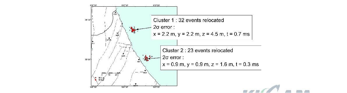 이중차분 진원 결정법을 이용한 진앙위치 재결정 결과