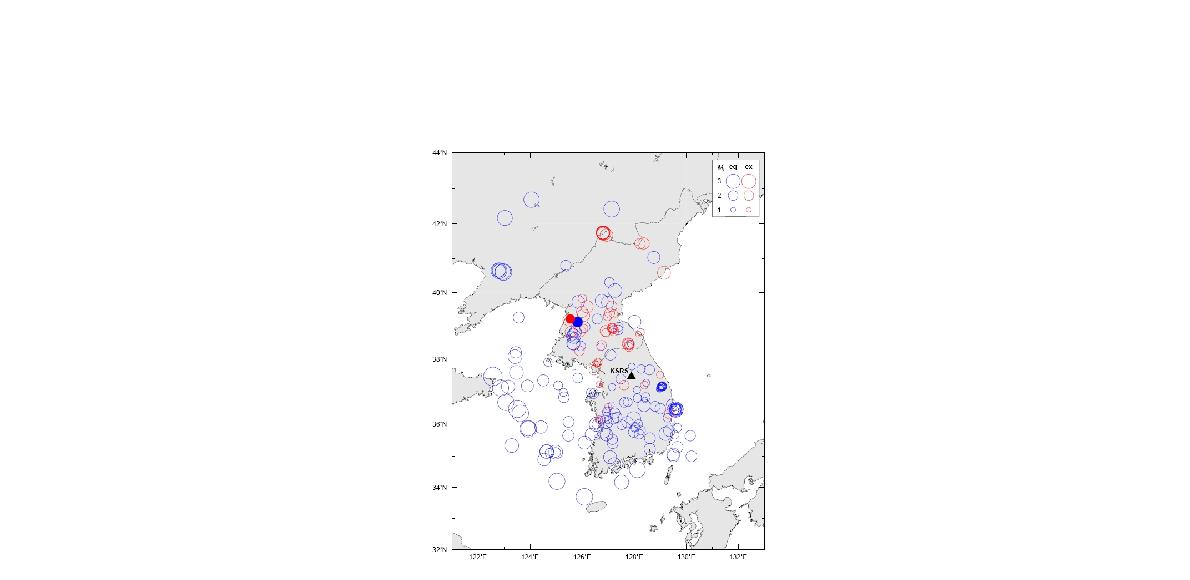 원주 KSRS 지진관측소와 대표 자연, 인공지진 표본 지진자료 진앙 위치도