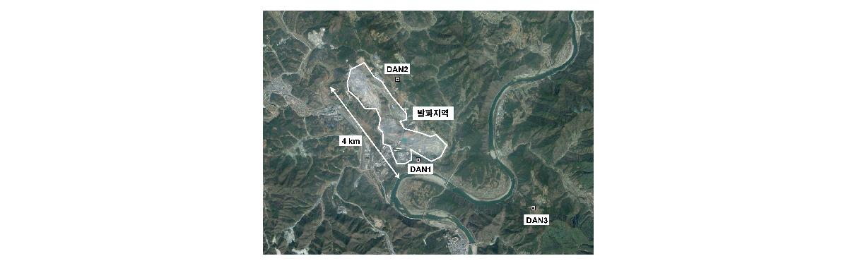 단양 석회석 광산 발파지역 및 임시 관측소 위치도