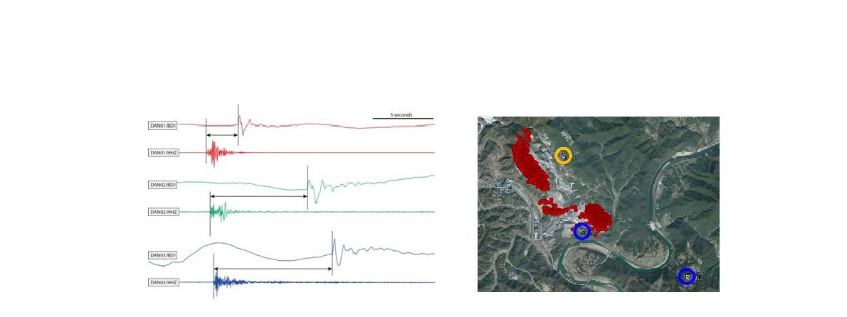 임시관측소 3개소에서 관측한 노천발파에 의한 지진파 및 음파신호 예 (왼쪽), 공중음파-지진파 주시차를 이용한 1149개 발파 위치 정밀 계산 (오른쪽)