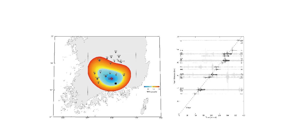 점원 모델로 구한 음원 결정 결과 (왼쪽). 지진관측자료 도달시간과 점원 모델의 이론적 도달시간(310 m/s)과의 비교