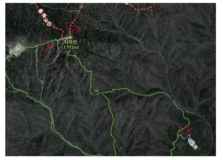 최종 선정된 지리산지역의 Test-bed 3개소(A: 제석봉 지역, B: 중봉지역, C: 중산리 지역)