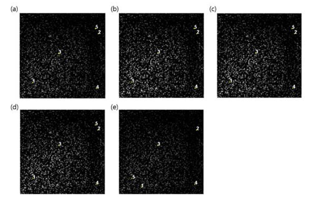 The pixel locations of endmembers extracted by the original IEA algorithm for the simulated image (a) without noise, (b) with 90 dB (c) 60 dB (d) 30 dB (3) 15 dB SNR noise added.