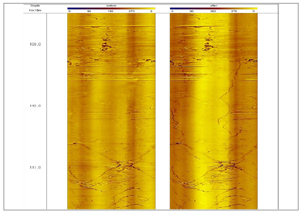 수압파쇄시험 전후의 시추공벽 균열 영상(시추심도 110 m).