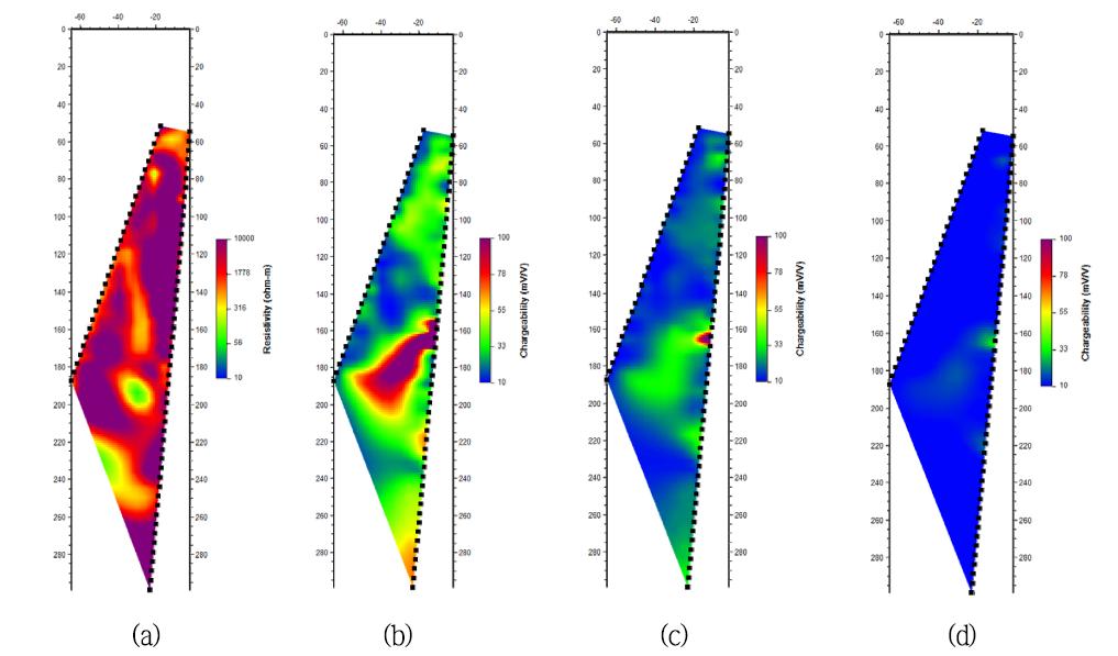 시험조사지역에서 두 개의 경사 시추공을 이용한 전기비저항/IP 토모그래피 역산결과.