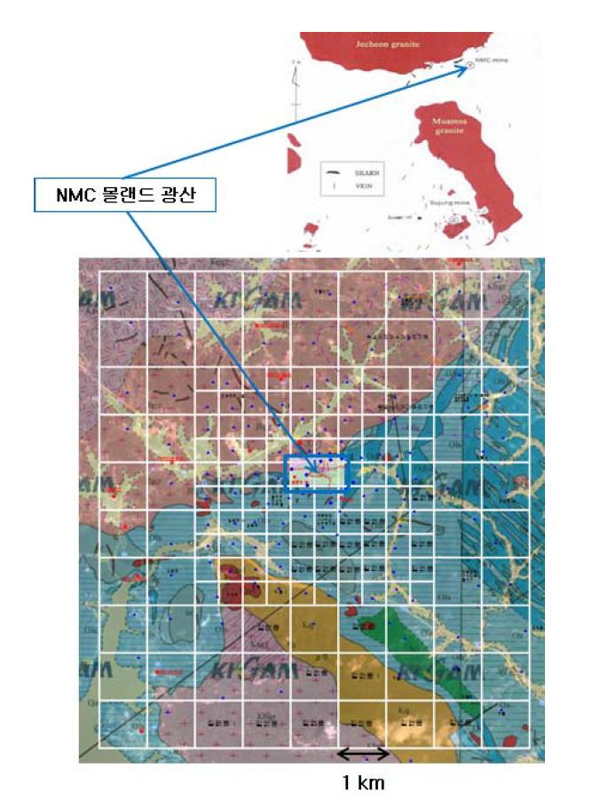 NMC 몰랜드 광산의 주변 지질 및 중력 탐사 측점 계획.