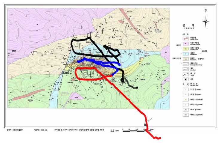 제천 NMC 몰랜드 광산에서 관성 항법 장치로 결정된 탐사 트랙(검은색: 들어갈 때, 파란색: 사수갱의 일부, 빨간색: 나올 때).