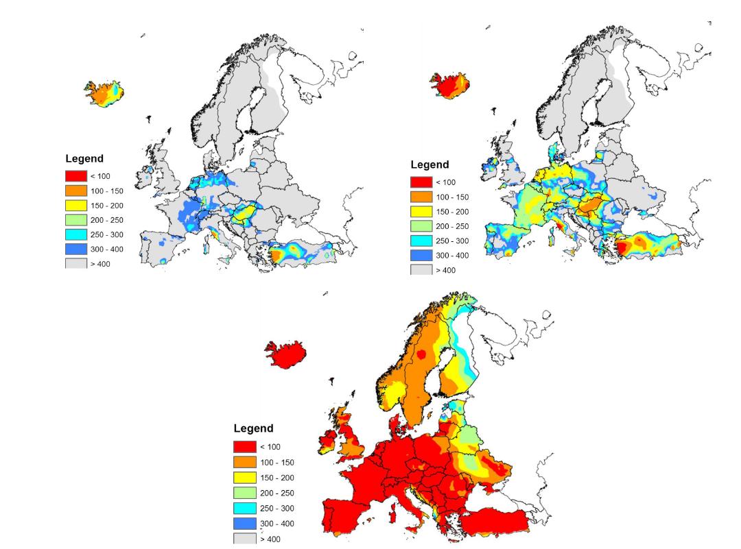 유럽에서 2020년, 2030년 및 2050년의(위부터) 경제적 잠재량을 평가하기 위한 42개국의 EGS 지열발전 최소 LCOE 분포도 (GeoElec, 2013).