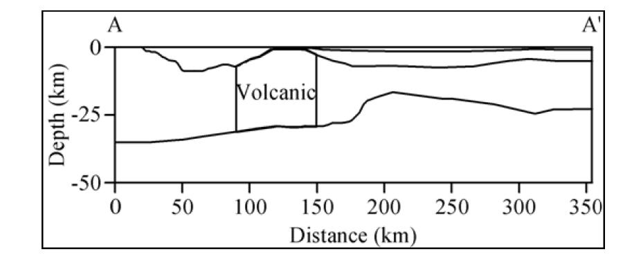 화산활동에 의한 지열류량 이상대 가설의 모델링을 위해 추론된 경상분지 하부의 화산암체(14 Ma)의 분포도.