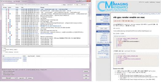 SVN server for the management of software version(left) and WIKI sever pages for developing issues(right)
