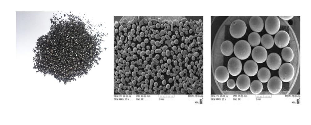 제조된 슬래그볼과 0.15~2.0mm 입자형상(SEM).