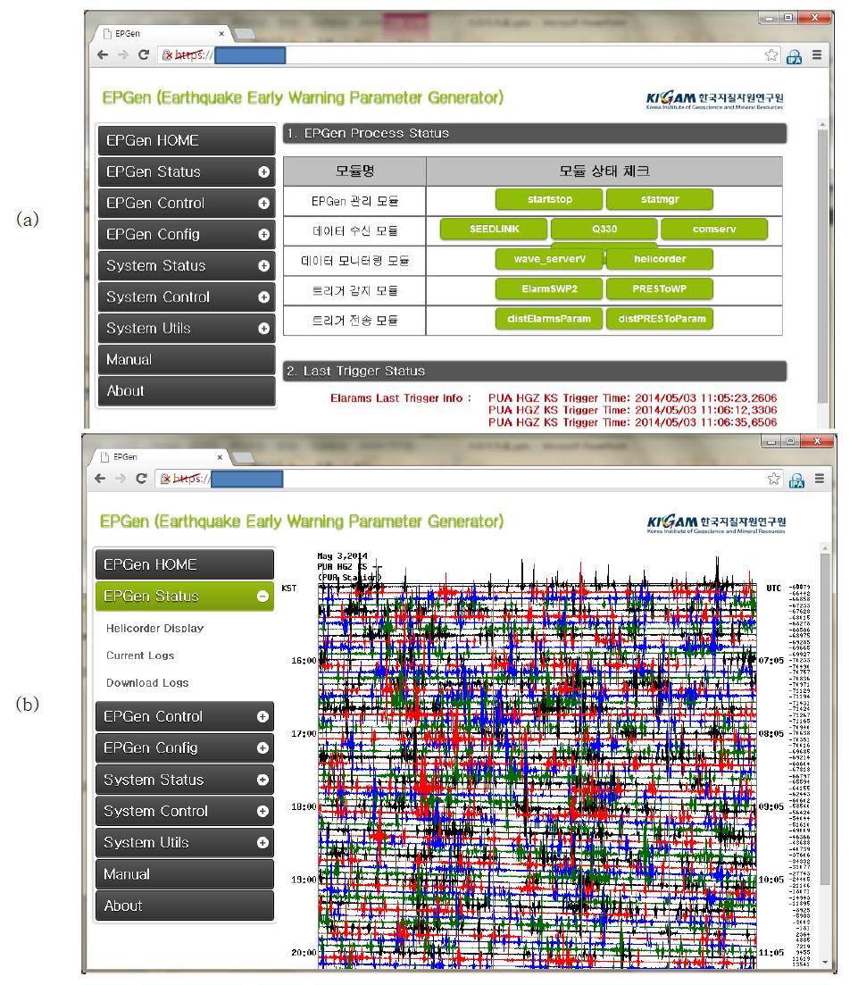 EPGen Web 화면, (a) 프로세스 상태, (b)수신 현황 모니터링
