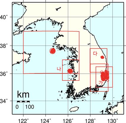 연구 대상 지역 및 한국지질자원연구원 지진연구센터 수동분석 지진목록상의 진앙 위치