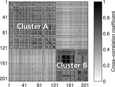 Cluster A와 B의 파형상호상관계수 행렬