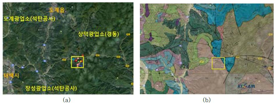 도계 미소이벤트 발생 지역 주변, (a) 위성지도, (b) 5만 지질도