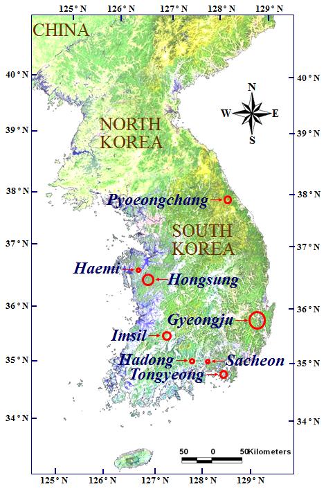 현장 시추공 탄성파 시험 자료 수집 대상 지역의 지리적 위치