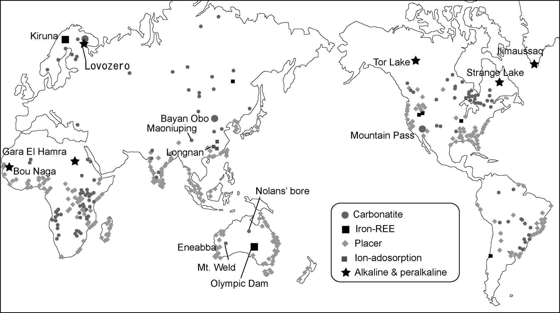 Identified rare earth elements deposits around the globe.