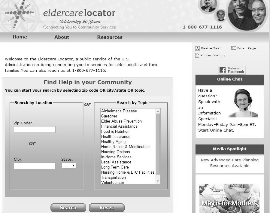 노인정보 서비스(Eldercare Locator) 메인 홈페이지