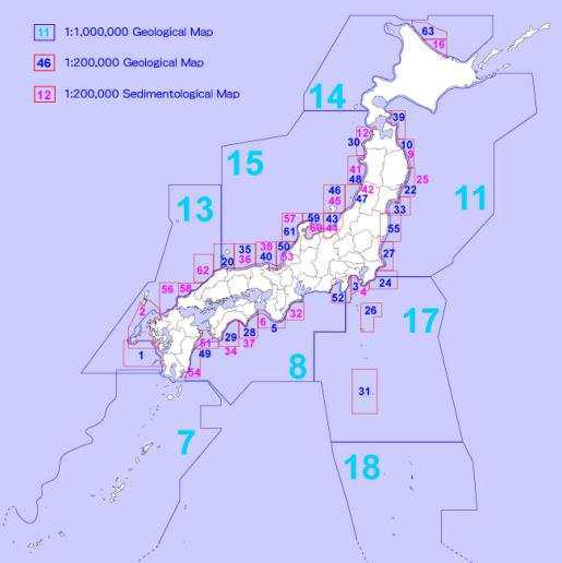 일본의 해저지질도 발간 현황. 13번 도폭이 독도를 포함하고 있다.