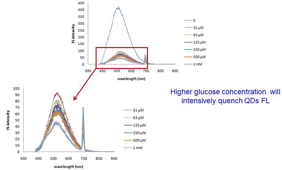 Spectrum representing quenching effects on QDs PL intensity by glucose at different concentration after bioenzymatic reactions. (lowest detection ~ 31μM glucose)