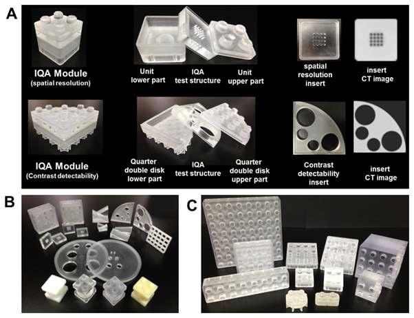 Image quality assurance (IQA) module lineup. (A) IQA modules are constructed from standardized UBs containing IQA test structures that are designed for IQA evaluation, and are layered in between the lower and upper parts of individual UBs and inserts. (B) Overview of IQA test structures. (C) Overview of accessories lineup.