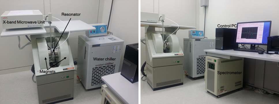 Electron spin resonance from Jeol. ESR consists of microwave unit, resonator, magnets, spectrometer, water chiller and control PC. The amount of radiation dose can be assessed by ESR.