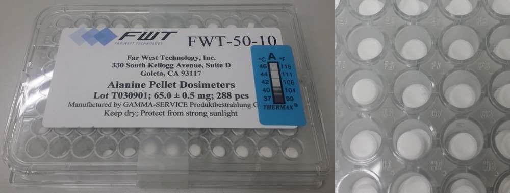 Alanine pellet dosimeters from Far West Technology (FWT). Each samples have dimension of 3 mm diameter and 3 mm height and 65.0±0.5 mg weight. Alanine pellet dosimeter records the amount of radiation dose.