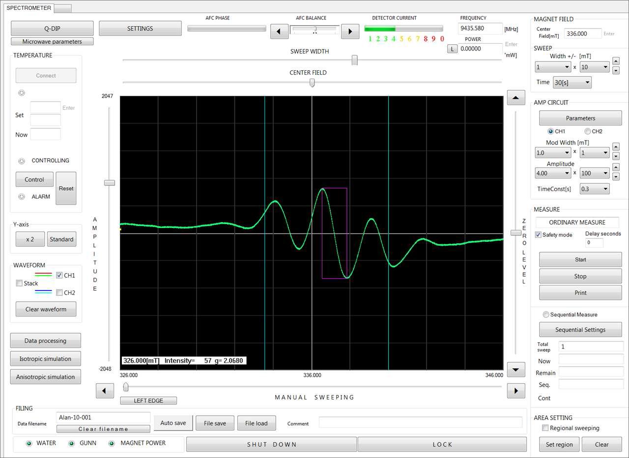 Measured signal from alanine sample No.10. The height of pulse is proportional to the radiation dose to alanine sample.