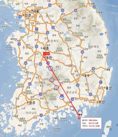 Field measurement spots along the Daejeon-Tongyeong expressway.