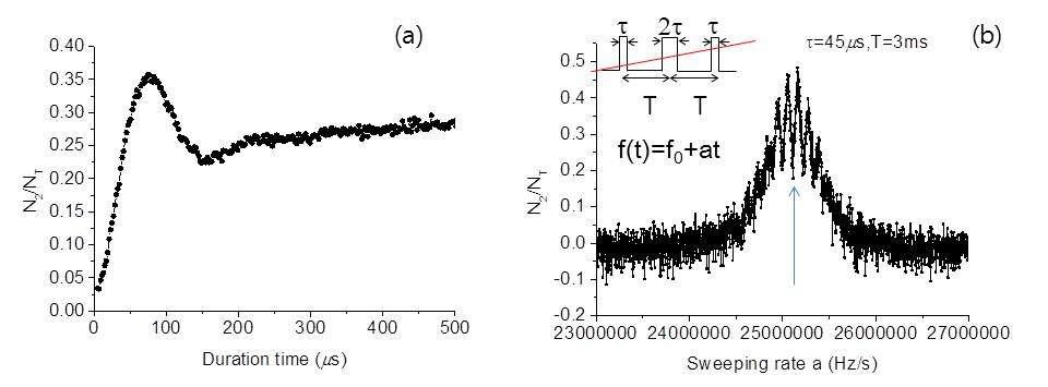 Rabi (a) and MG interference signal( b) obtained by using counter-propagating Raman laser.