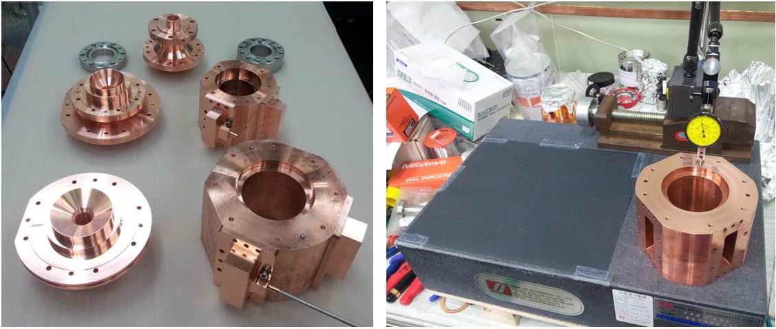 Microwave cavity parts (left) and cavity body being polished precisely(right).