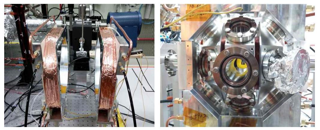 Anti-Helmholtz(AH) coil mount with cooler water jacket (left). Assembly of AH coil mount and main vacuum chamber (Right) ; about 10 mm spaced between them.