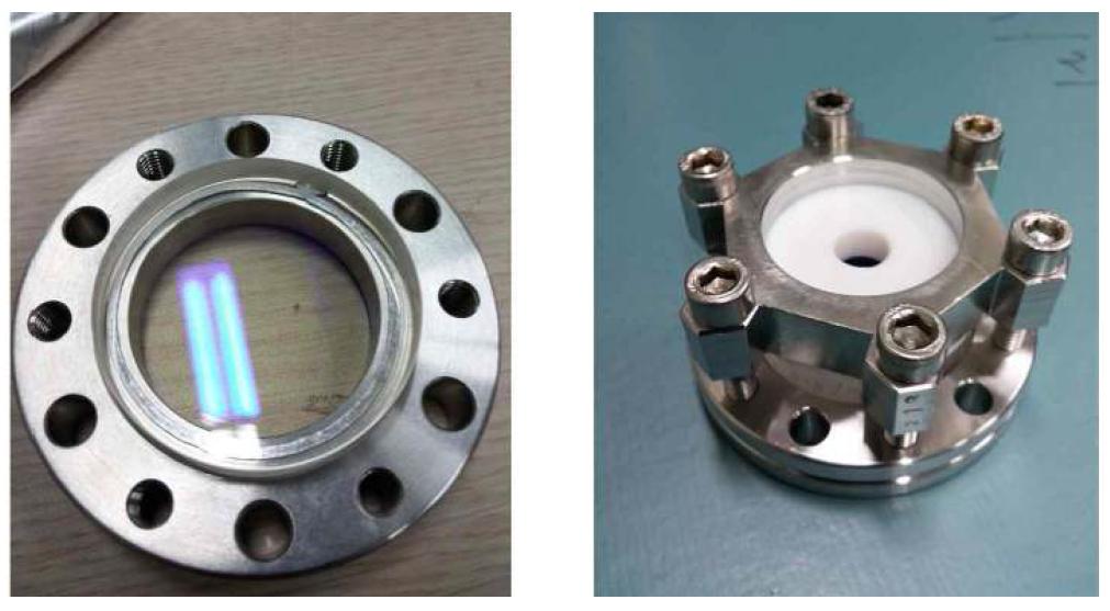 A specially coated window for high transmission for 759 nm (left), and indium seal mount assembly (right).