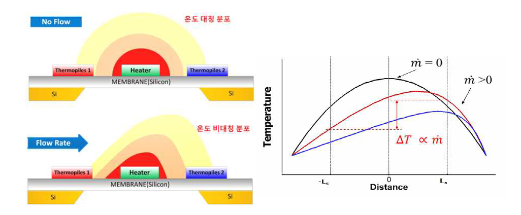 (a),(b) Principle of thermal mass flow sensor